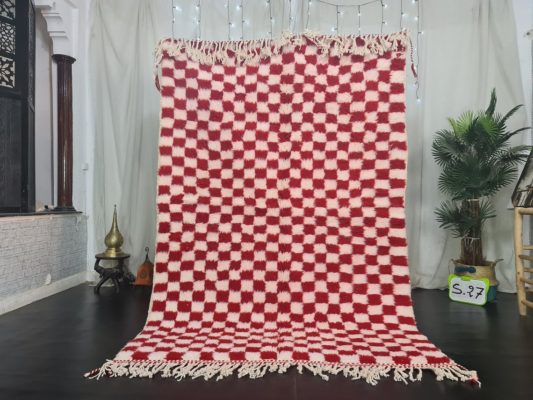 WARD- Red Beni Ourain Rug - Moroccan Checkered Rug 5x8