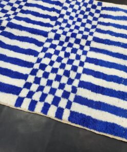 Striped Checkered Rug, Moroccan White and Blue Carpet