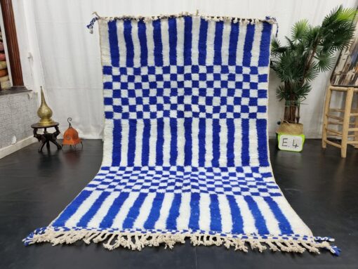 Striped Checkered Rug, Moroccan White and Blue Carpet