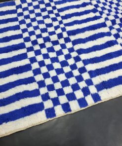 Striped Checkered Rug, Moroccan White and Blue Carpet