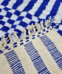 Striped Checkered Rug, Moroccan White and Blue Carpet