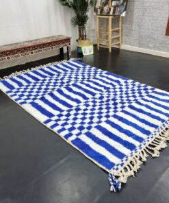 Striped Checkered Rug, Moroccan White and Blue Carpet