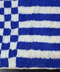 Striped Checkered Rug, Moroccan White and Blue Carpet