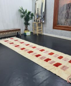 Handmade Checkered Rug, White And Red Runner Rug