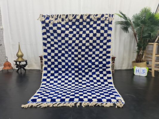 Bright Blue Checker White Rug
