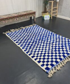 Bright Blue Checker White Rug