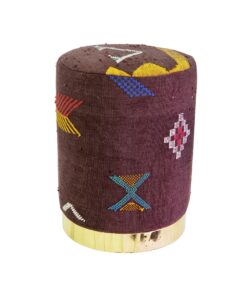 Cylindrical Kilim Handmade Pouf - Brown Wool Metal Base Pouf - 17" H