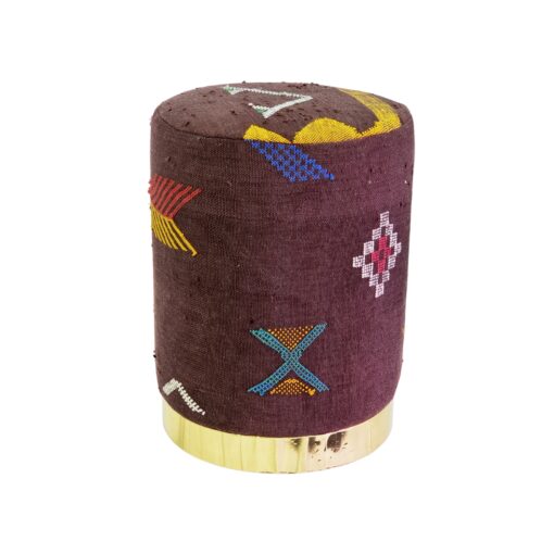 Cylindrical Kilim Handmade Pouf - Brown Wool Metal Base Pouf - 17" H