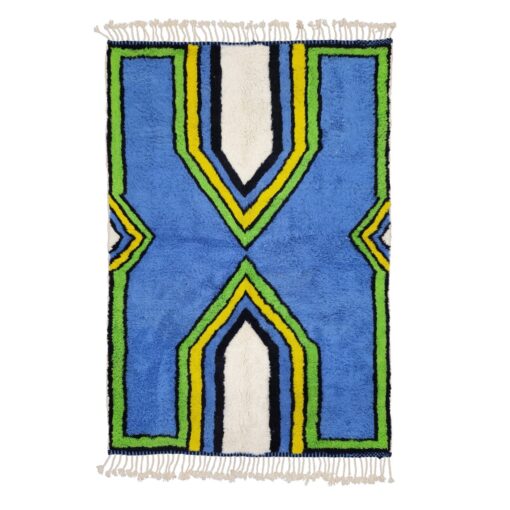 LAZIZA – Blue, Yelow And Green Rug – Wool Beni Ourain Geometric Carpet
