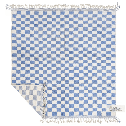 LAIQA – White and Blue Rug – Moroccan Beni Ourain Checkered Carpet