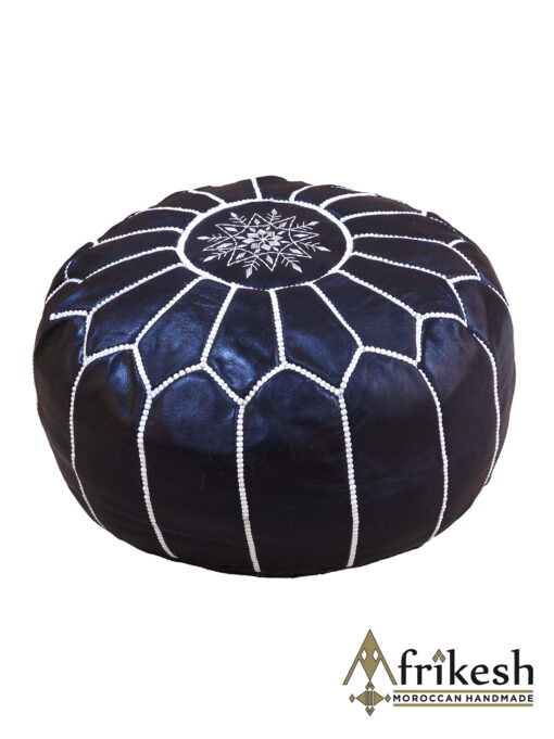 Black Pouf - Handcrafted Round Moroccan Leather Pouf Infused with Bohemian Elegance