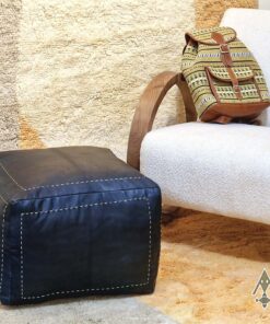 Alternative view of Black Pouf - Handcrafted Square Moroccan Leather Pouf Infused with Bohemian Elegance