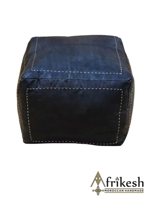 Black Pouf - Handcrafted Square Moroccan Leather Pouf Infused with Bohemian Elegance