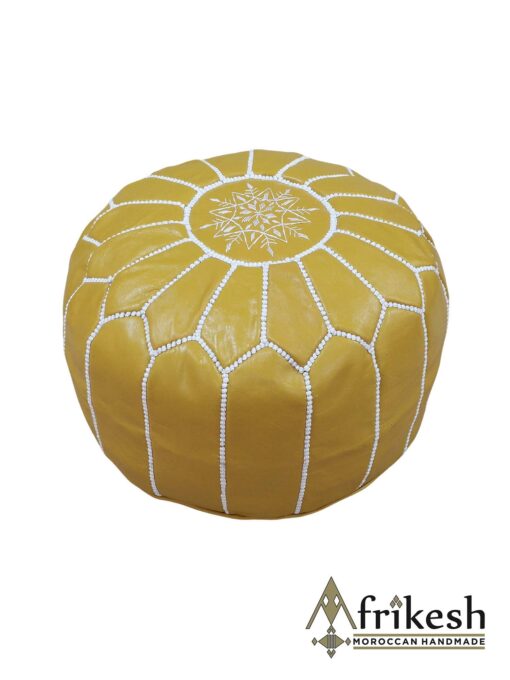 Yellow Pouf - Handcrafted Round Moroccan Leather Pouf Infused with Bohemian Elegance