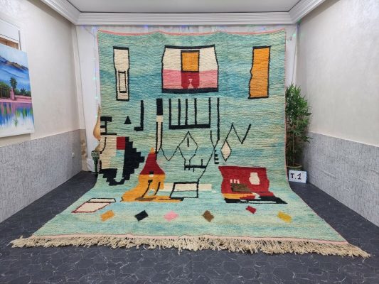OUIJDANE - Faded Blue Boujad Rug - Vintage Carpet 9x12