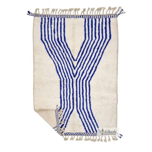 TAIBA - Blue And White Striped Rug - Beni Ourain Wool Carpet 5x7