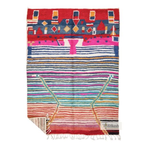 FAKIRA – Beni Ourain Red & Blue Rug – Custom Striped Moroccan Rug