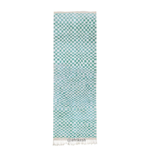 LINAN - Beni Ourain Runner Rug - Checkered Custom Runner Green & White Rug