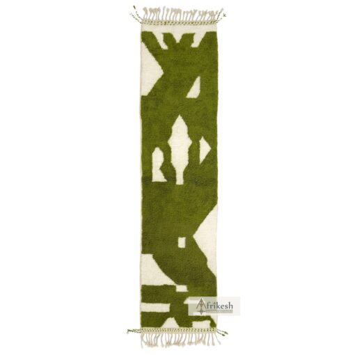 KIRAN - Beni Ourain Runner Rug - Abstract Custom Runner Green & White Rug