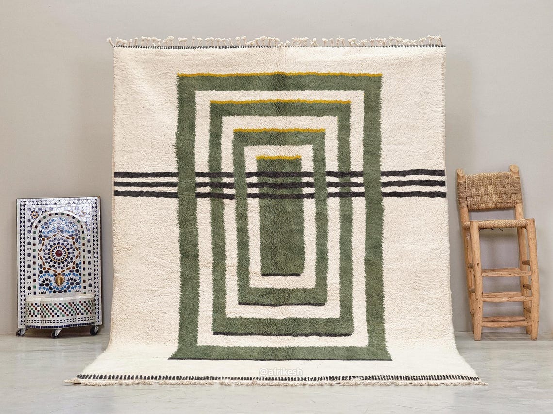 Aderfi – Beni Ourain Green and White Rug – Custom Geometric Rug - Image 2