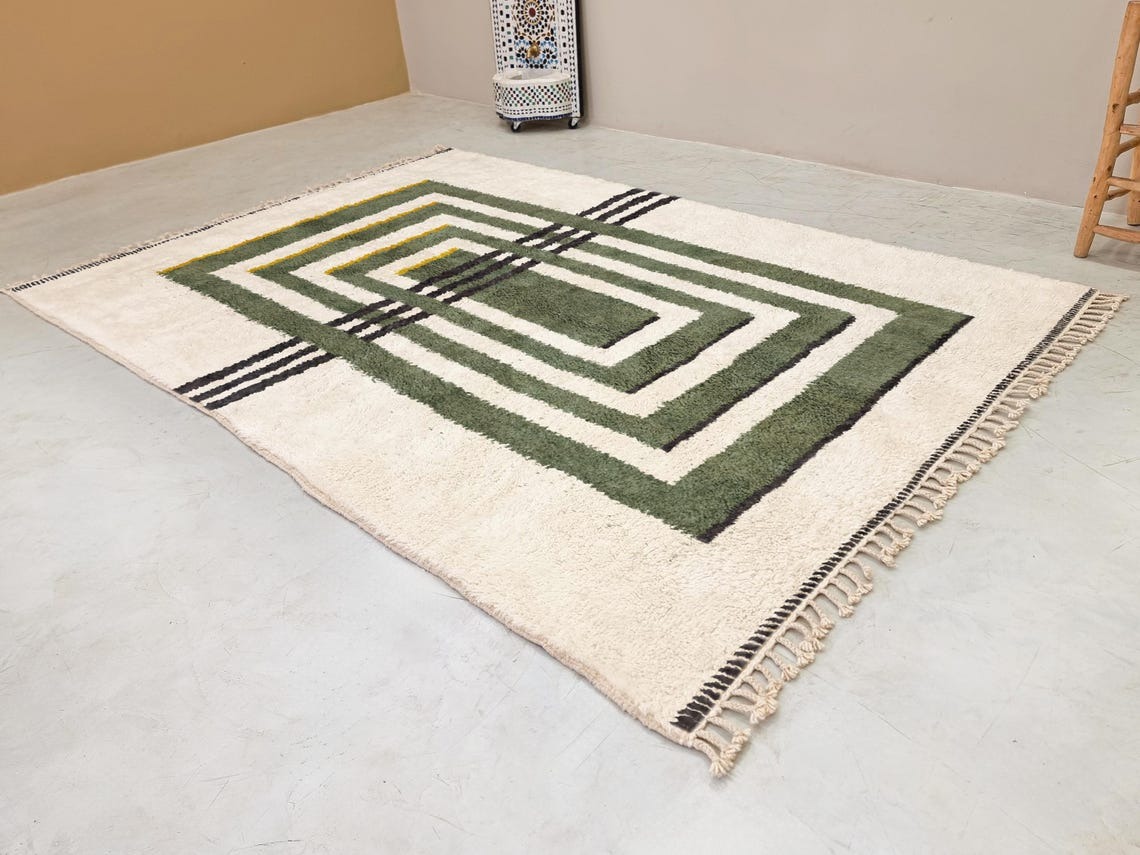 Aderfi – Beni Ourain Green and White Rug – Custom Geometric Rug - Image 4