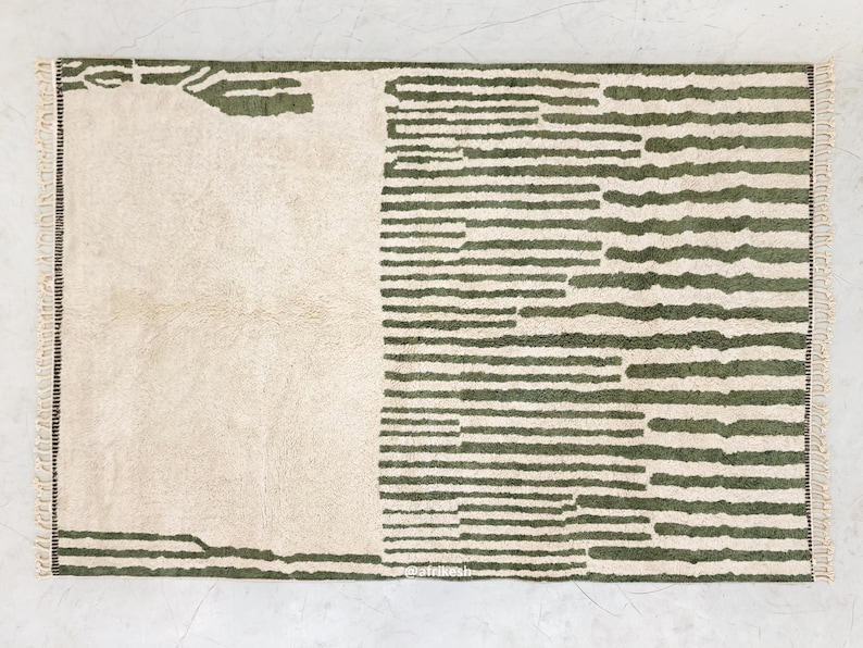 Ahlam– Green and White Striped Rug | Moroccan Beni Ourain Rug – Custom Sizes - Image 6