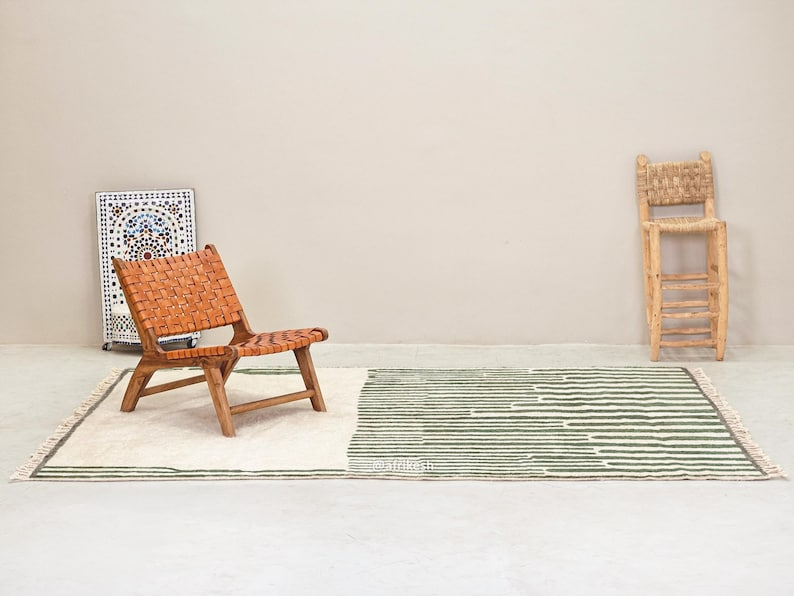 Ahlam– Green and White Striped Rug | Moroccan Beni Ourain Rug – Custom Sizes - Image 3