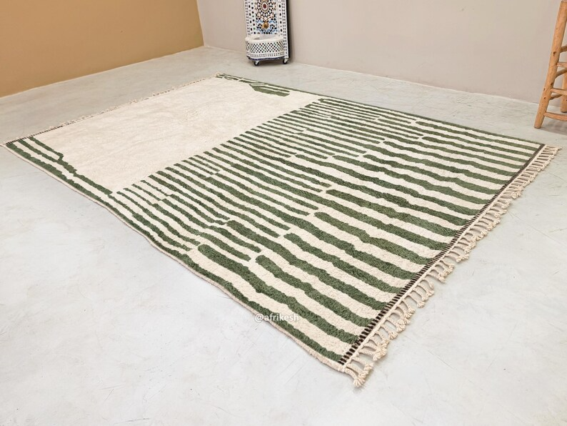 Ahlam– Green and White Striped Rug | Moroccan Beni Ourain Rug – Custom Sizes - Image 2
