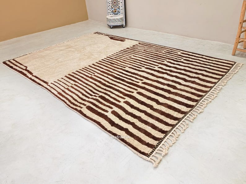 Ahlam– White and Brown Striped Rug | Moroccan Beni Ourain Rug – Custom Sizes - Image 3