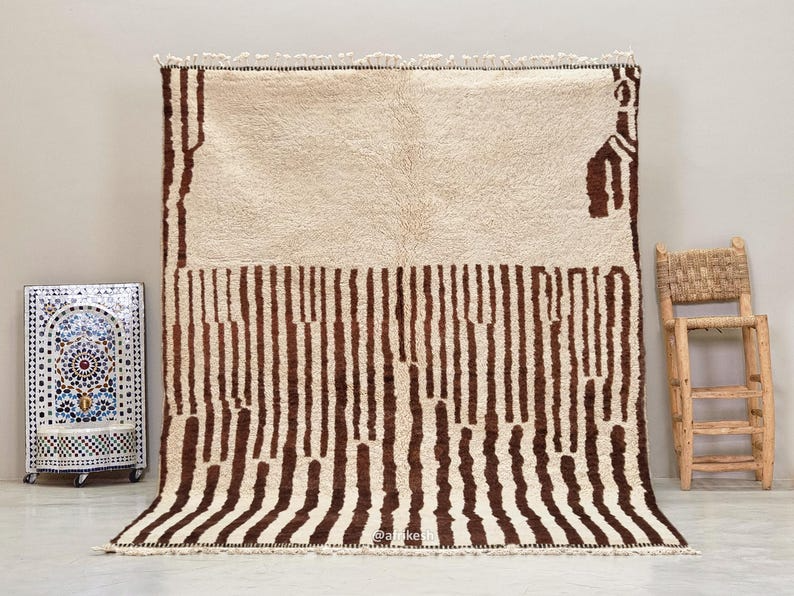 Ahlam– White and Brown Striped Rug | Moroccan Beni Ourain Rug – Custom Sizes - Image 2