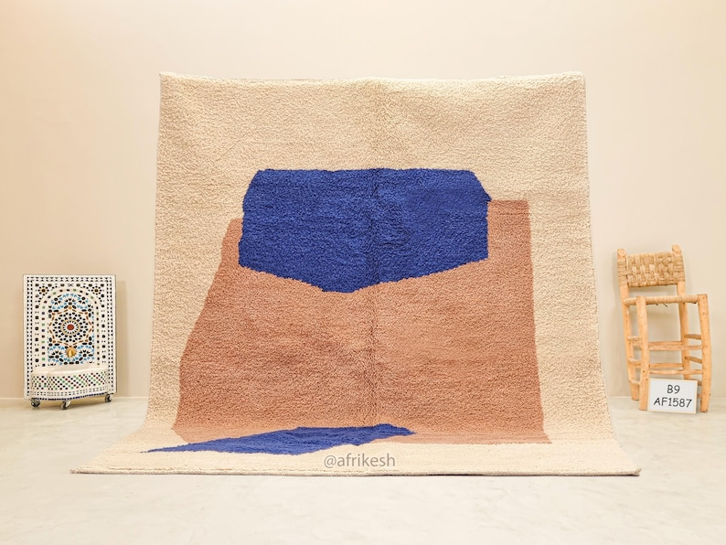 Akal –  Brown and Blue Rug – Beni Ourain Abstract Custom Rug - Image 2