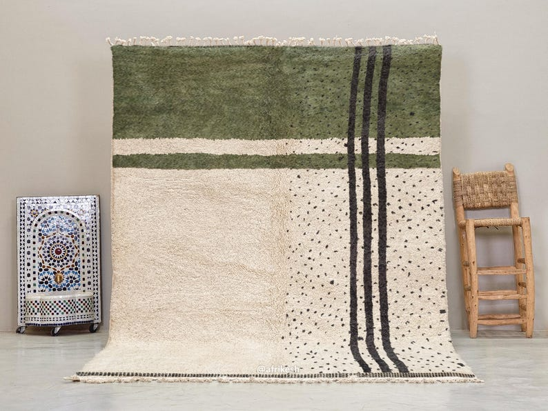 Ameni – Green and White Rug- Beni Ourain Dotted Carpet– Custom Sizes