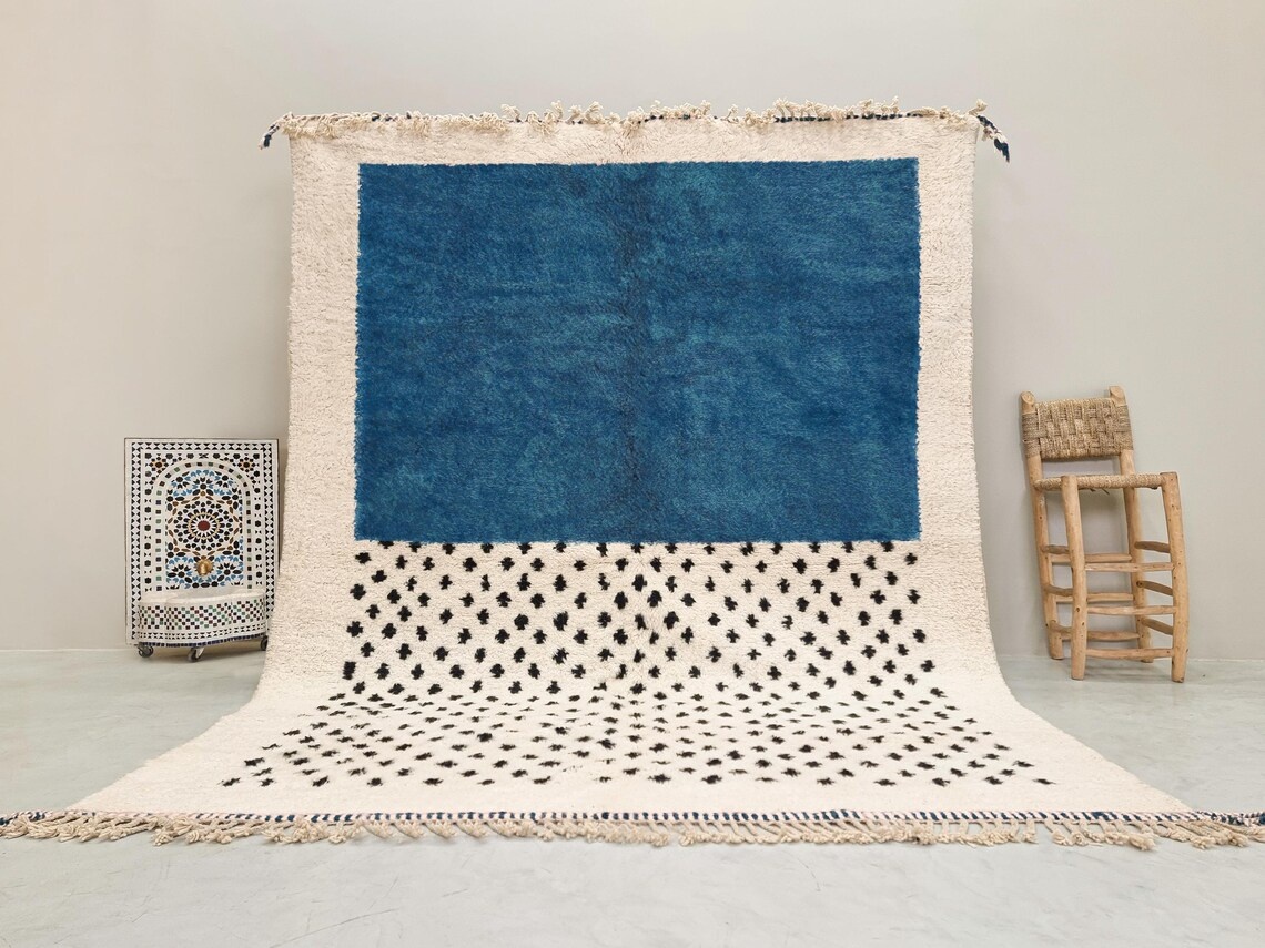 AMNAY-Blue And White Moroccan Carpet-Custom Beni Ourain Dotted Rug - Image 2