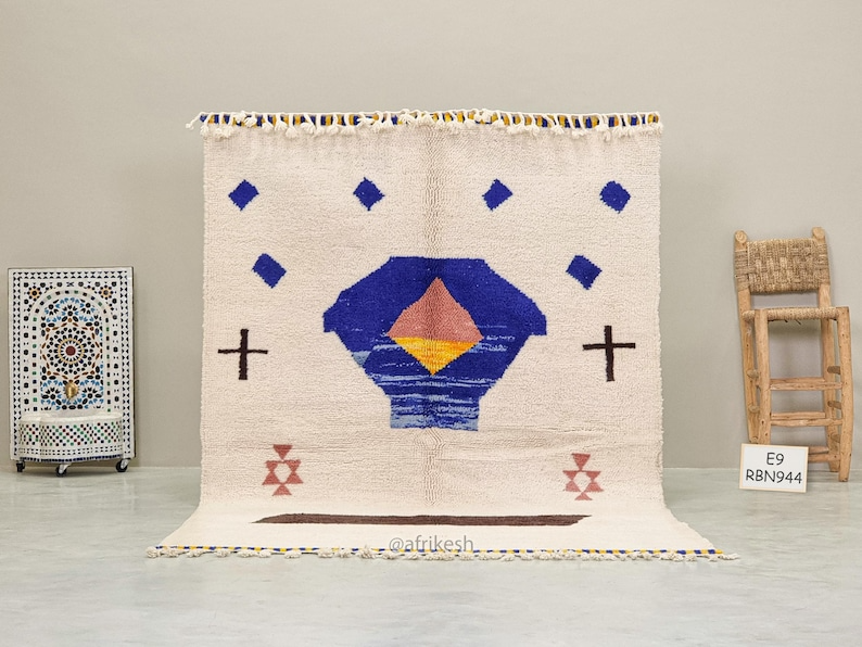 Aryana – Moroccan Handmade Abstract Carpet | Beni Ourain White and Blue Rug – Custom Sizes - Image 2