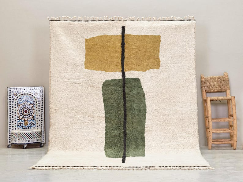 Jawhara–  Green and Mustard Rug – Beni Ourain Abstract Custom Rug