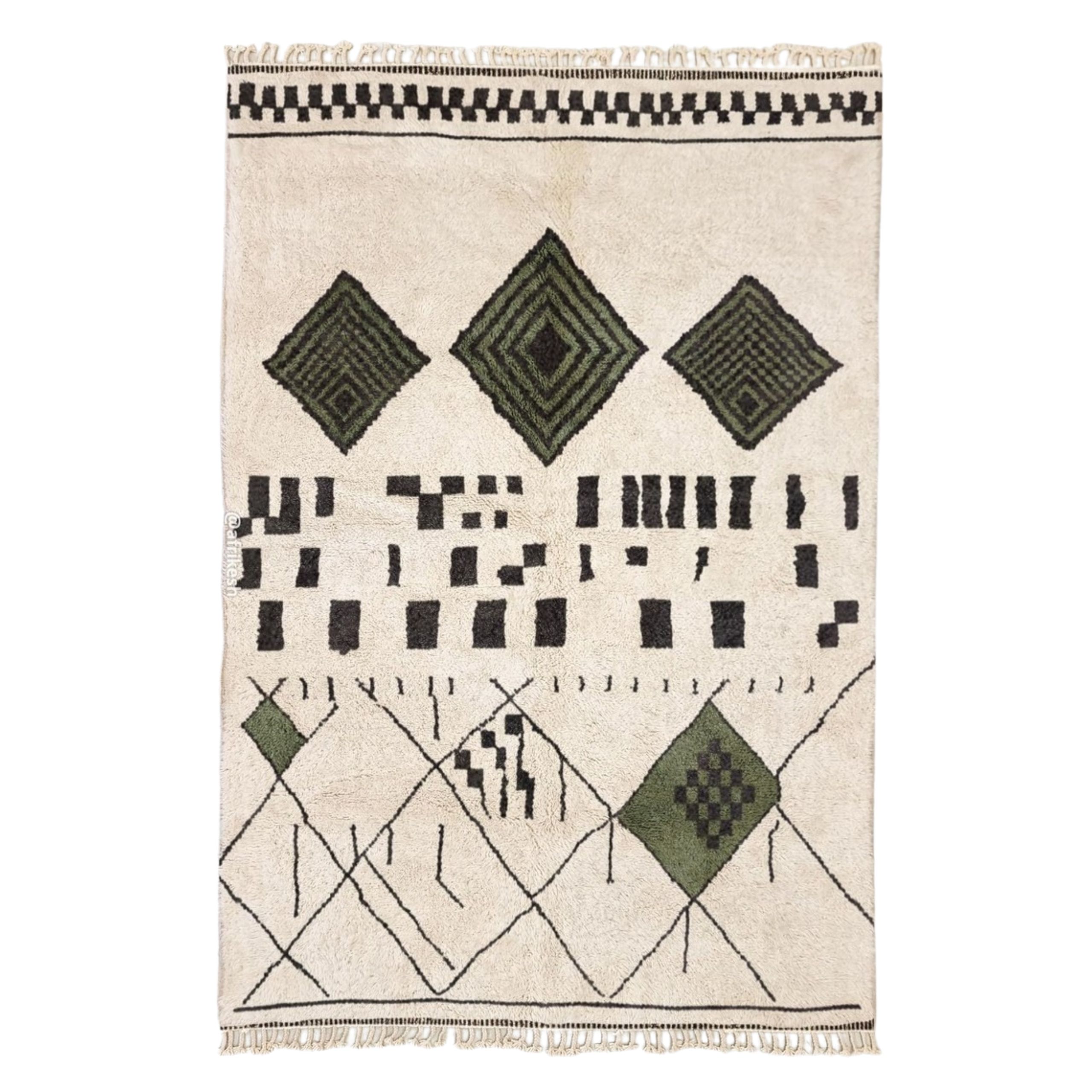 Laleh– Moroccan Beni Ourain Rug Green and White – Custom Geometric Berber Rug