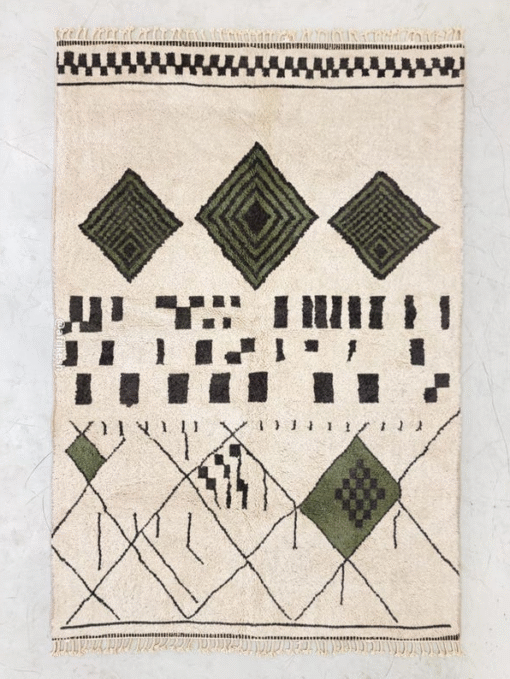 Laleh– Moroccan Beni Ourain Rug Green and White – Custom Geometric Berber Rug