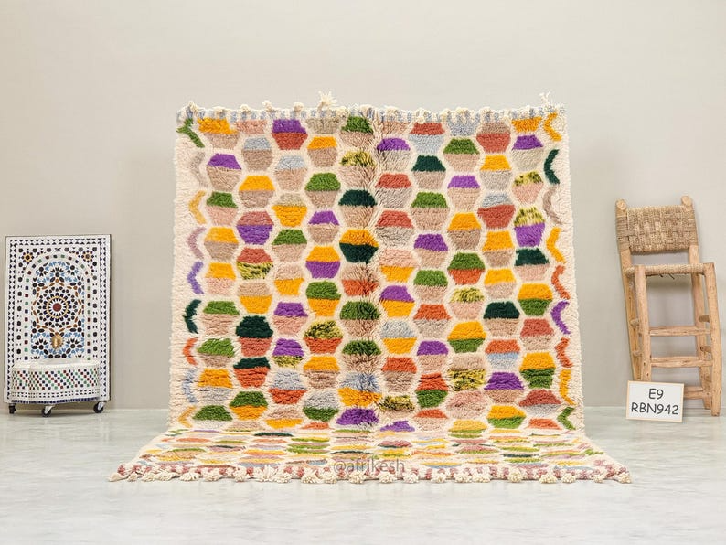 Medina– Beni Ourain Colorful Rug  – White and Purple Geometric Rug | Moroccan Handmade Custom Carpet - Image 2