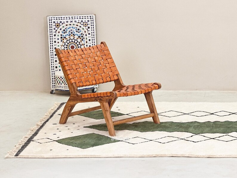 Najat– Moroccan Beni Ourain Rug white and Green– Custom Geometric Rug - Image 5