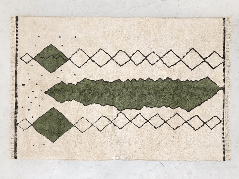 Najat– Moroccan Beni Ourain white and Green Rug – Custom Geometric Rug - Image 7