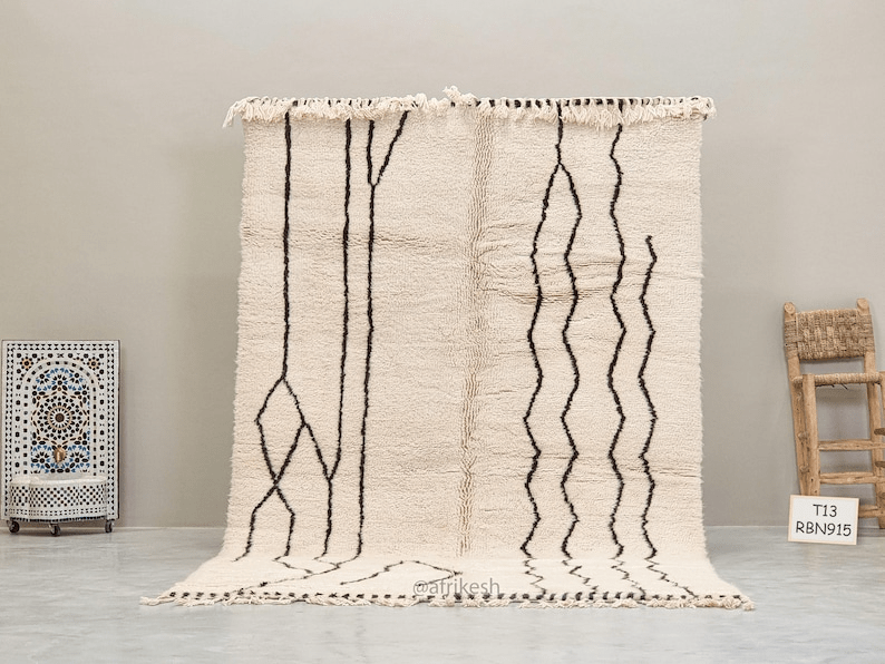 Soraya– White and Black Rug | Moroccan Beni Ourain Striped Carpet– Custom Sizes - Image 2