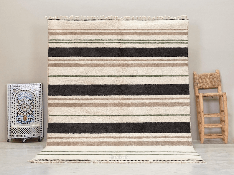 Tanaghma – Black and Beige Rug | Moroccan Beni Ourain Striped Carpet– Custom Sizes - Image 2