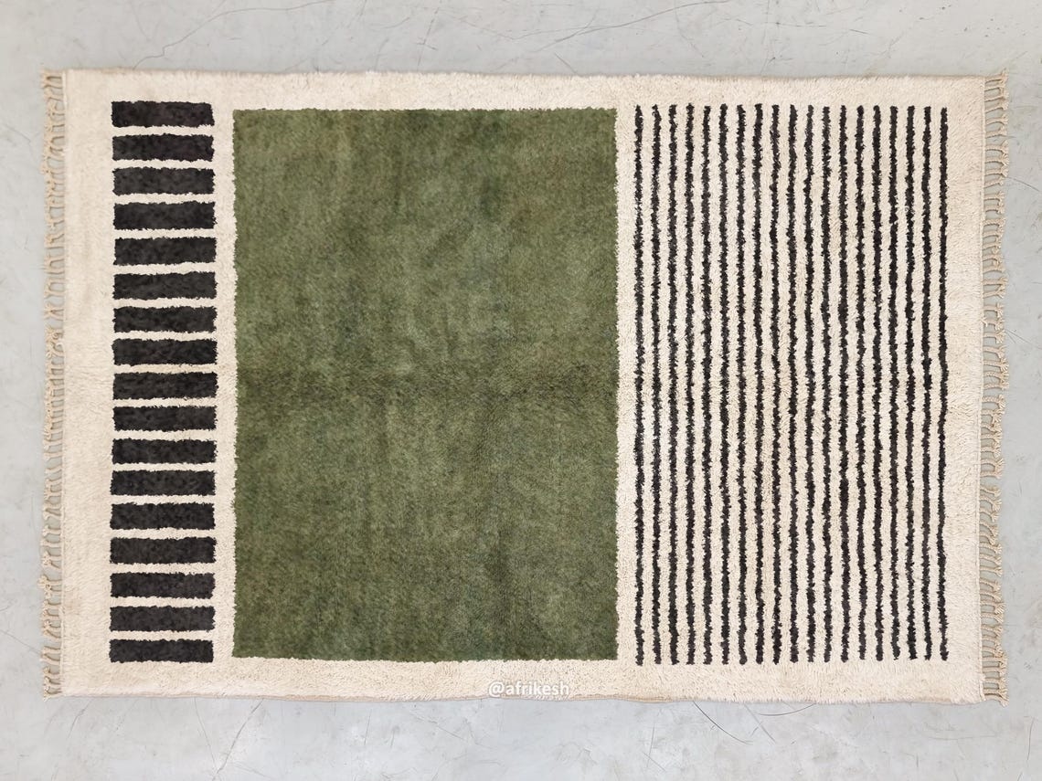 Tighremt - Green and White Striped Beni Ourain Rug - Custom Made - Image 6