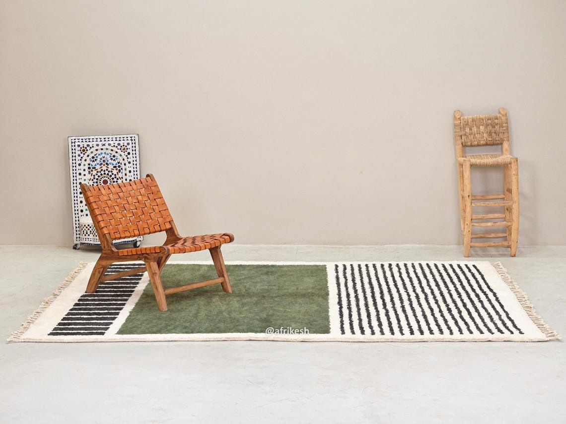 Tighremt - Green and White Striped Beni Ourain Rug - Custom Made - Image 4