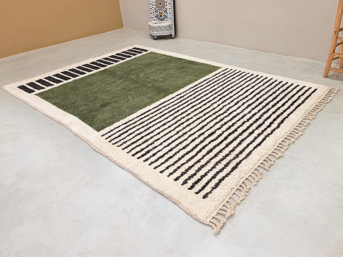 Tighremt - Green and White Striped Beni Ourain Rug - Custom Made - Image 3