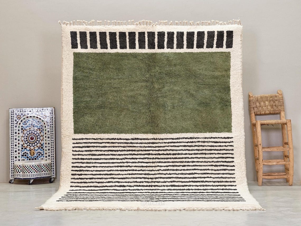 Tighremt - Green and White Striped Beni Ourain Rug - Custom Made - Image 2