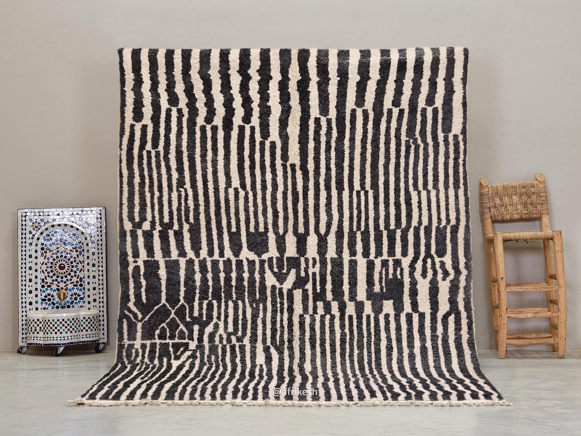 Tiniri - Black And white Striped Beni Ourain Rug - Custom Made - Image 2