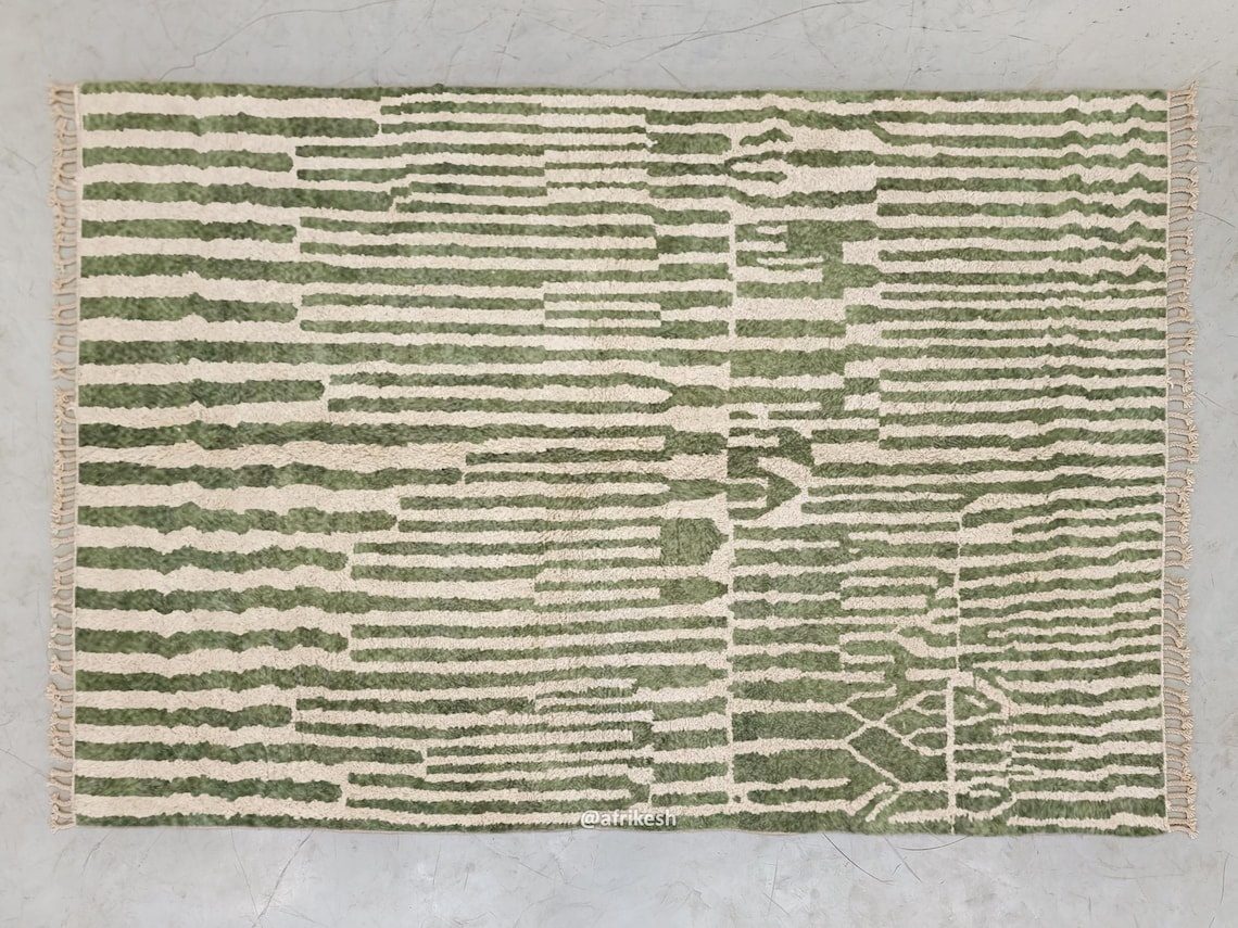 Tiniri - Green And white Striped Beni Ourain Rug - Custom Made - Image 7