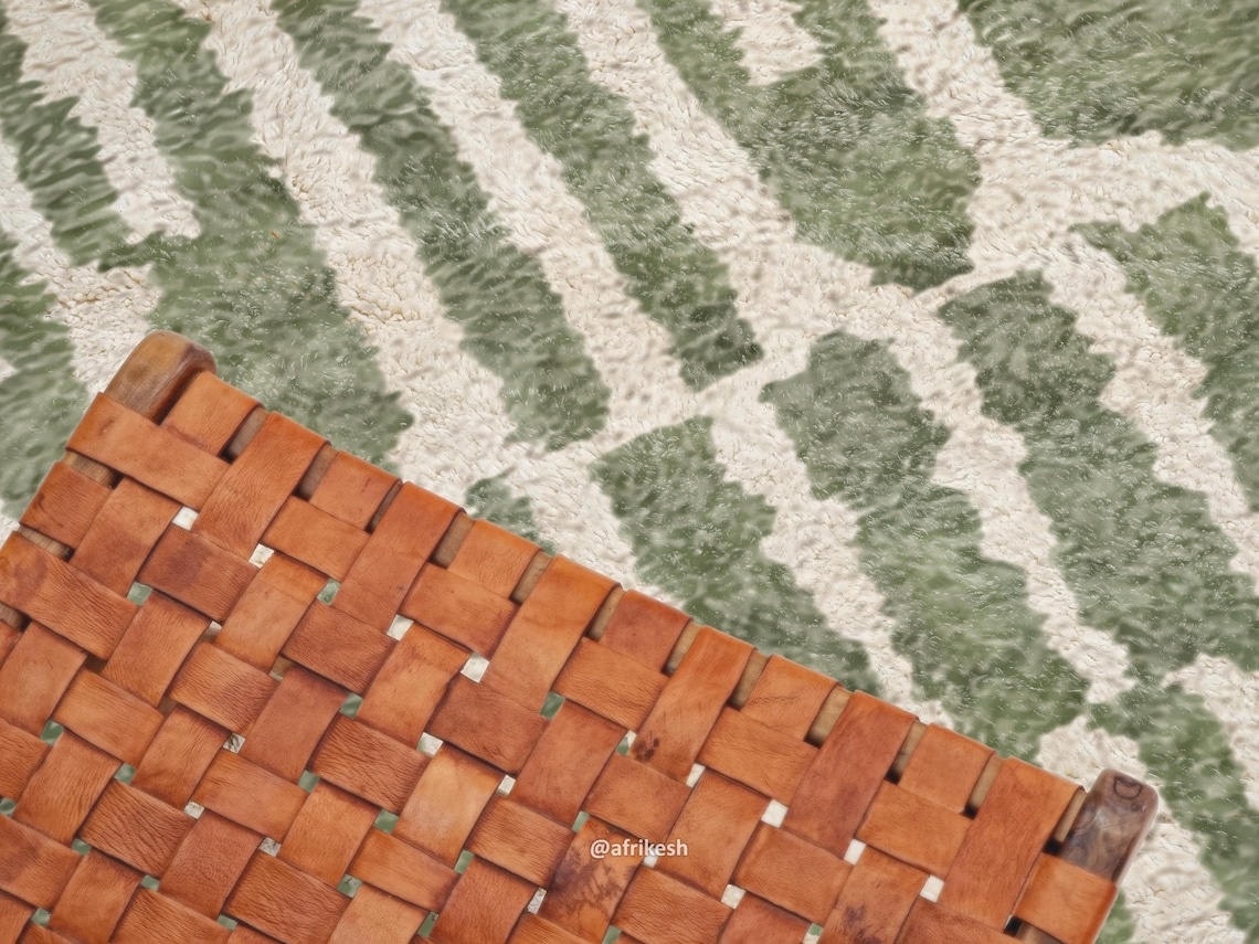 Tiniri - Green And white Striped Beni Ourain Rug - Custom Made - Image 6