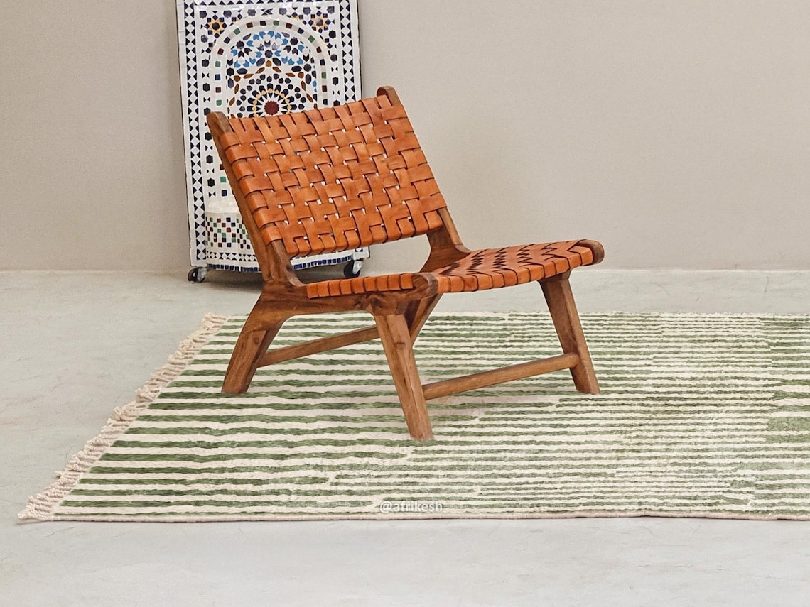 Tiniri - Green And white Striped Beni Ourain Rug - Custom Made - Image 5